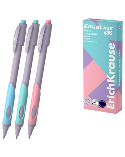Ручка шариковая с грипом ERICH KRAUSE ErgoLine Kids Pastel, СИНЯЯ, корпус ассорти, 0,, 62037