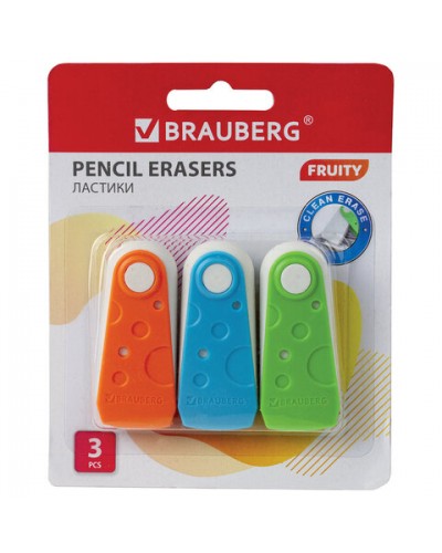 Набор ластиков BRAUBERG "FRUITY" 3 шт., 57х24х15 мм, белые, пластиковый футляр ассорти, 229563