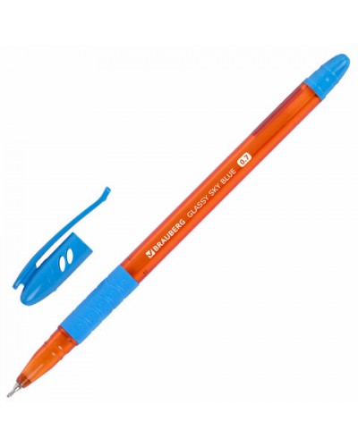 Ручка шариковая масляная с грипом BRAUBERG GLASSY SKY BLUE, СВЕТЛО-СИНЯЯ, узел 0,7 мм, линия письма 0,35 мм, 144107