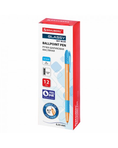 Ручка шариковая масляная с грипом BRAUBERG GLASSY SKY BLUE, СВЕТЛО-СИНЯЯ, узел 0,7 мм, линия письма 0,35 мм, 144107