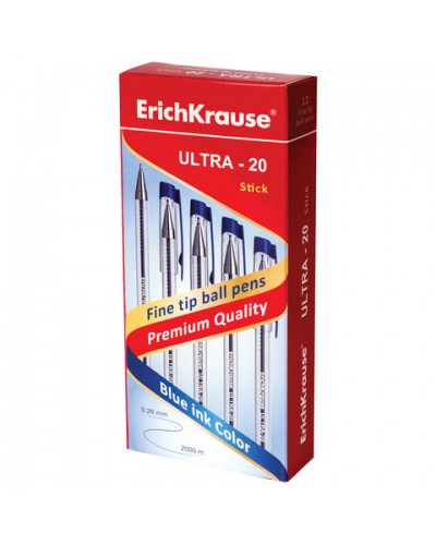 Ручка шариковая масляная ERICH KRAUSE "Ultra-20", СИНЯЯ, корпус прозрачный, узел 0,7 мм, линия письма 0,26 мм, 13875