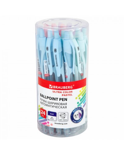 Ручка шариковая автоматическая BRAUBERG ULTRA COLOR PASTEL, soft-touch, СИНЯЯ, пишущий узел 0,7 мм,144204