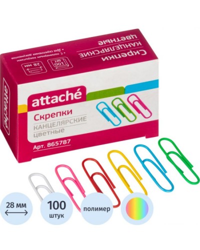 Скрепки 28 мм 100 шт./уп. Attache цветные, полимерное покрытие, карт.кор, 865787