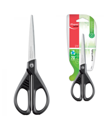 Ножницы MAPED (Франция) "Essentials Green", 170 мм, черные, картонная упаковка с европодвесом, 467010, 468010
