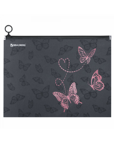 Папка для тетрадей BRAUBERG А4, 1 отделение, пластик, на zip-lock-молнии, "Neon butterflies", 272103