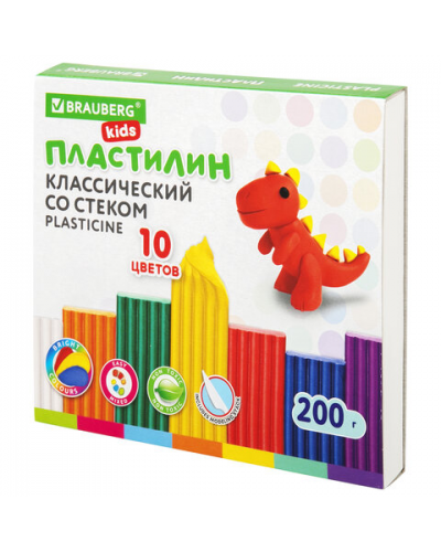 Пластилин классический BRAUBERG KIDS, 10 цветов, 200 г, со стеком, 106504