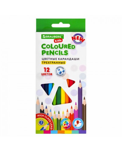 Карандаши цветные BRAUBERG KIDS NEW, 12 цветов, трехгранные, грифель 3 мм, 182001