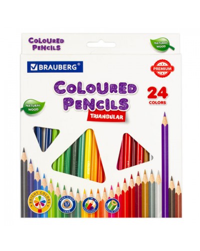 Карандаши цветные BRAUBERG PREMIUM, 24 цвета, трехгранные, грифель 3,3 мм, натуральное дерево, 181653