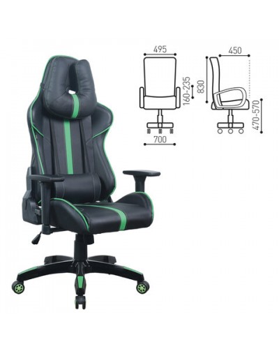 Кресло компьютерное BRABIX "GT Carbon GM-120", две подушки, экокожа, черное/зеленое, 531929