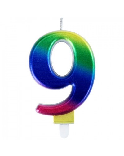Свеча-цифра для торта "9" "Радужная", 9 см, ЗОЛОТАЯ СКАЗКА, с держателем, в блистере, 591442