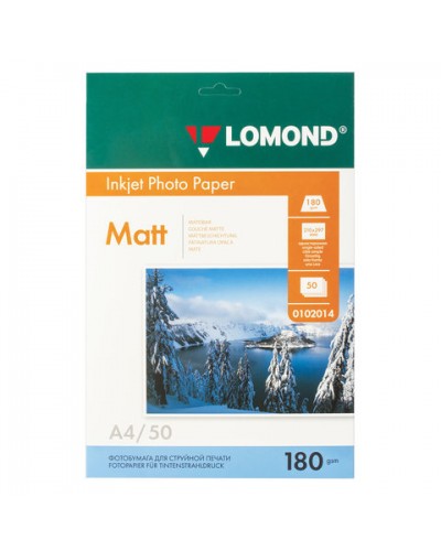 Фотобумага А4, 180 г/м2, 50 листов, односторонняя, матовая, LOMOND, 0102014, 360931