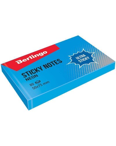 Самоклеящийся блок Berlingo "Ultra Sticky", 50*75мм, 80л, синий неон, LSn_39412, 287181