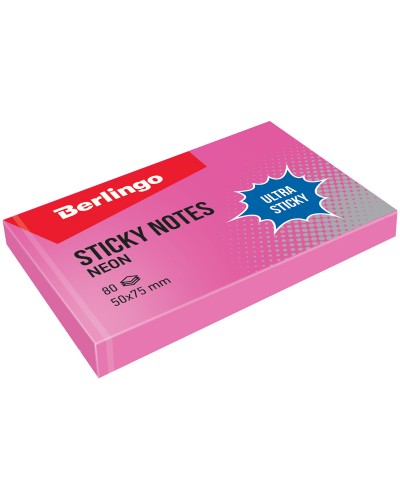 Самоклеящийся блок Berlingo "Ultra Sticky", 50*75мм, 80л., розовый неон,287185,LSn_39413