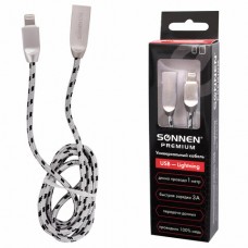 Кабель USB 2.0-Lightning, 1 м, SONNEN Premium, медь, для iPhone/iPad, перед. дан. зарядка, 513126