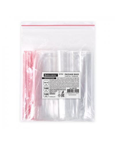 Пакеты ZIP LOCK "зиплок" СВЕРХПРОЧНЫЕ, комплект 100 шт., 100х150 мм, ПВД, 100 мкм, BRA, 608182