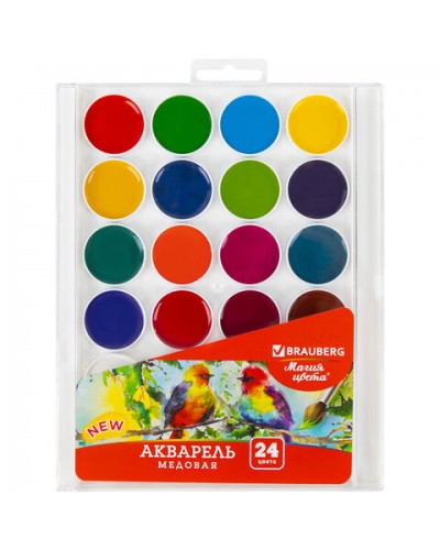 Краски акварельные BRAUBERG "МАГИЯ ЦВЕТА NEW", медовые, 24 цвета, круглые кюветы, пластиковый пенал, 192365