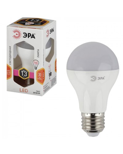 Лампа светодиодная ЭРА, 13 (110) Вт, цоколь E27,белый,30000 ч., LED smdA65\A60-13W-827-E27,452139