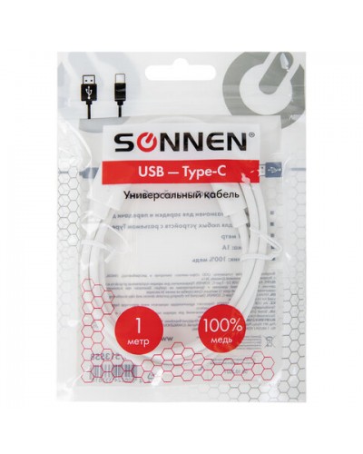 Кабель белый USB 2.0-Type-C, 1 м, SONNEN, медь, для передачи данных и зарядки, 513558