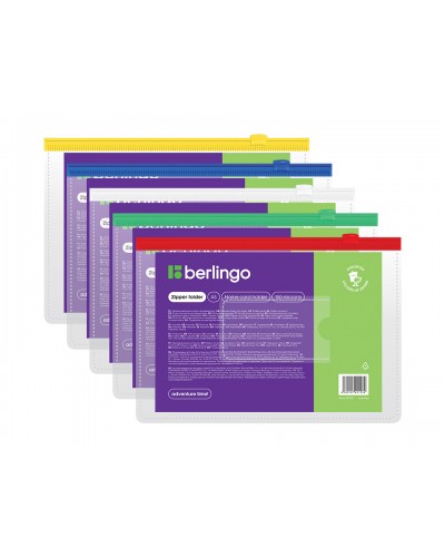 Папка-конверт на молнии Berlingo,A5,150мкм,с карм.для визиток, прозрач., ассорти, 260463, AKm_05109