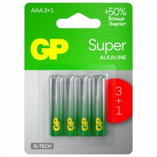 Батарейки КОМПЛЕКТ 4 шт., GP Super, AAA (LR03,24А), алкалиновые, мизинчиковые, ПРОМО 3+1, 24A3/1-2CR4, 455921