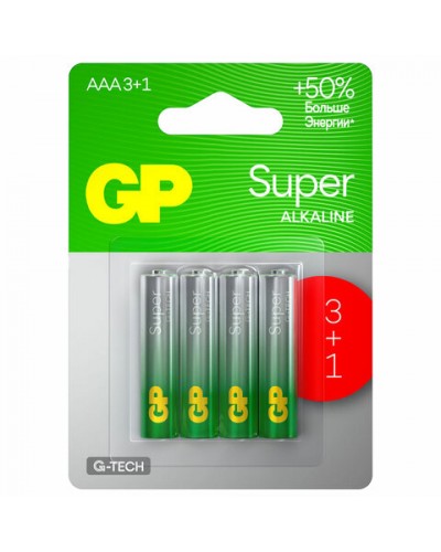 Батарейки КОМПЛЕКТ 4 шт., GP Super, AAA (LR03,24А), алкалиновые, мизинчиковые, ПРОМО 3+1, 24A3/1-2CR4, 455921